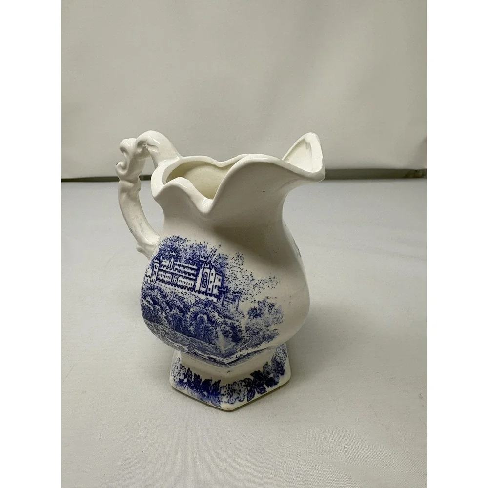 Vintage Small Blue And White Ceramic Pitcher. Transferware. Made In Japan